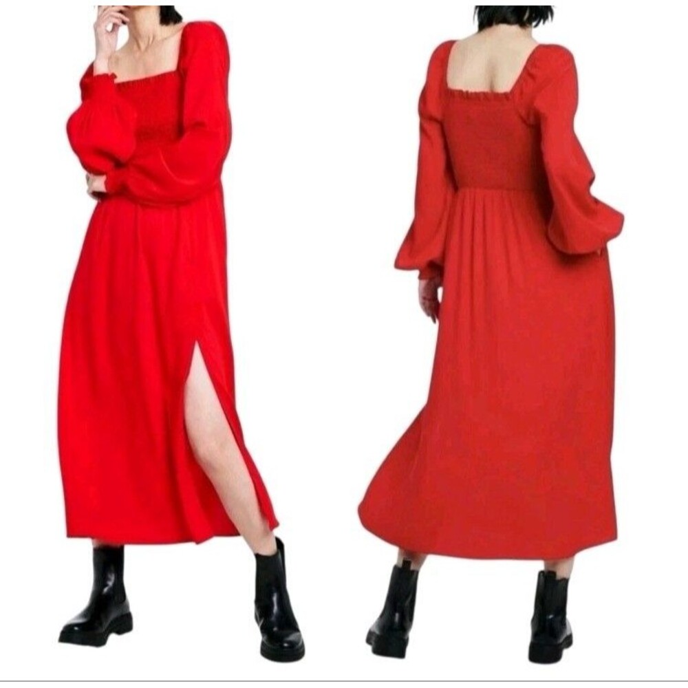 La Ligne X Target Milkmaid Dress‎ 1X Red Smocked Balloon Slit Midi Cottagecore